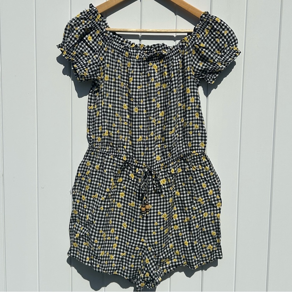 Yellow Floral Gingham Romper